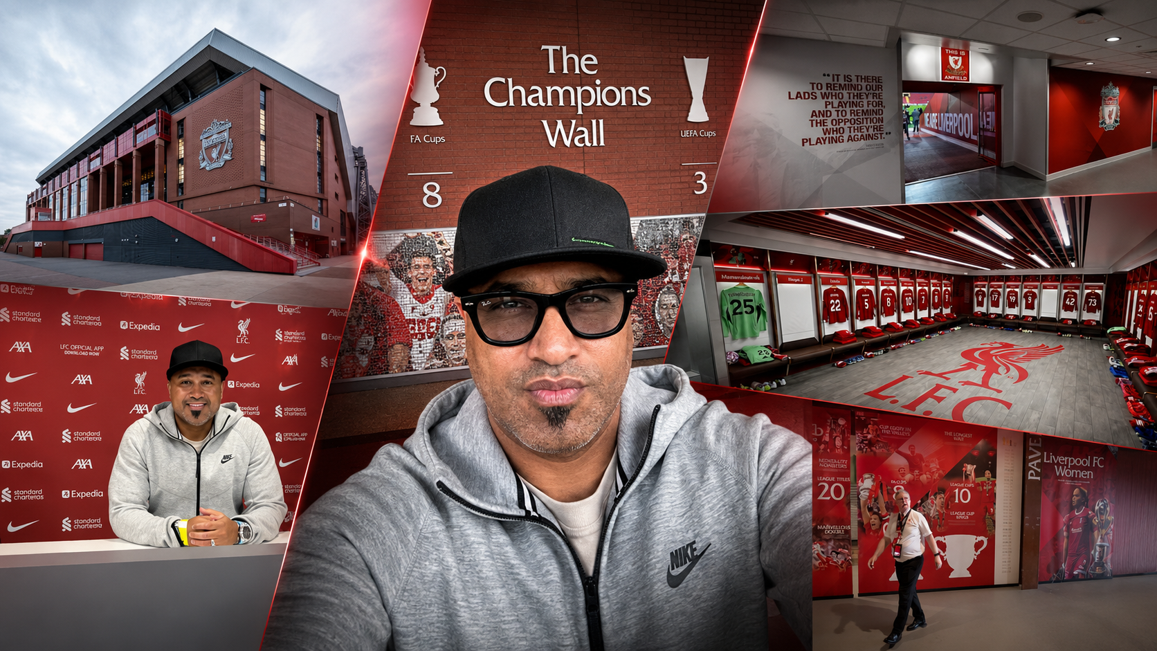 KOPX founder Calvin Francis with Liverpool FC Champions Wall, Anfield dressing room and supporters moments